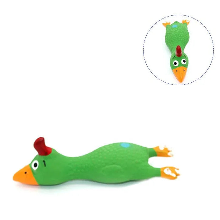Green chicken-shaped squeaky dog toy with orange beak and red comb, made of soft latex for chewing and fun pet interaction
